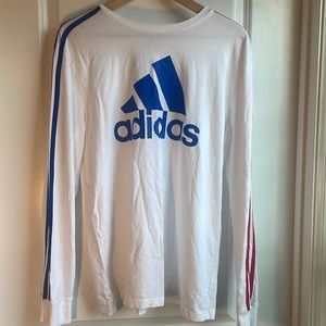White adidas long sleeve with red and blue stripes
